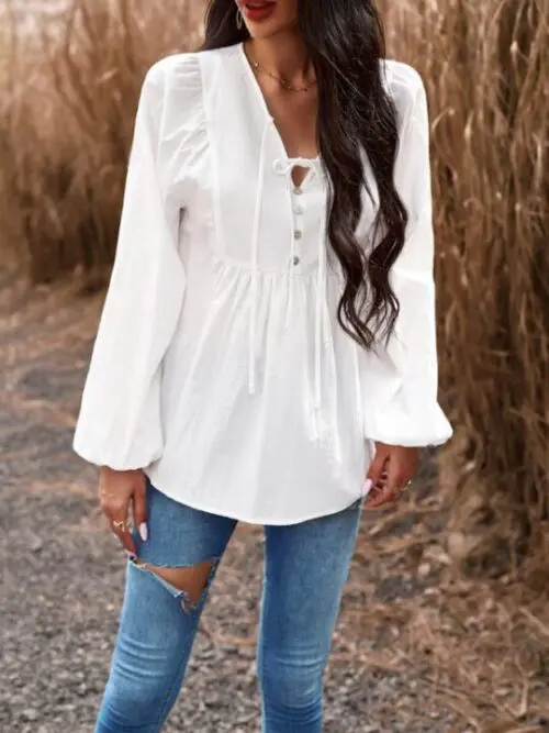 Chic Solid Color V-Neck Long-Sleeved Top for Stylish Commuting