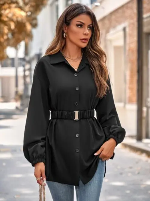 Belted Shirt Jacket Stylish Collared Jacket