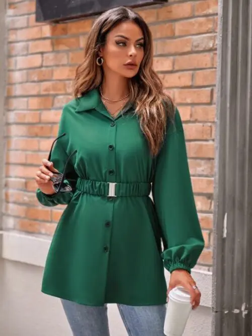 Belted Shirt Jacket Stylish Collared Jacket