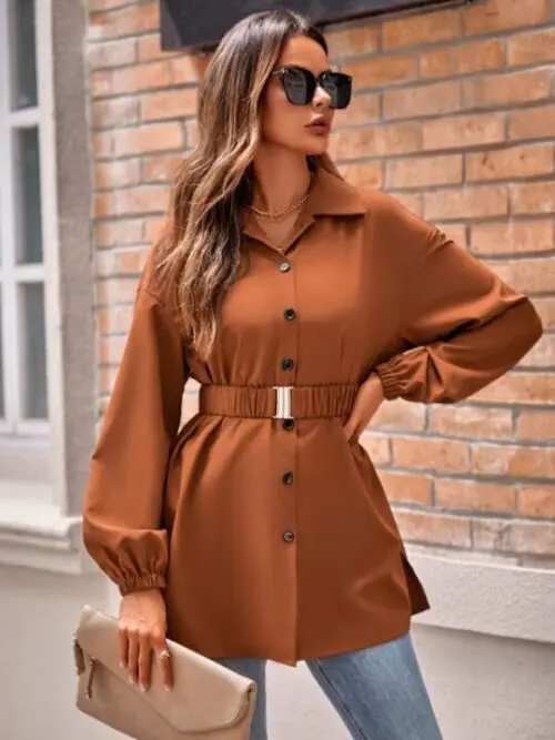 Belted Shirt Jacket Stylish Collared Jacket