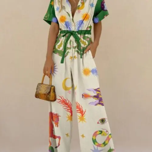 Printed Cotton Trousers Jumpsuit – High Waist Casual Pants