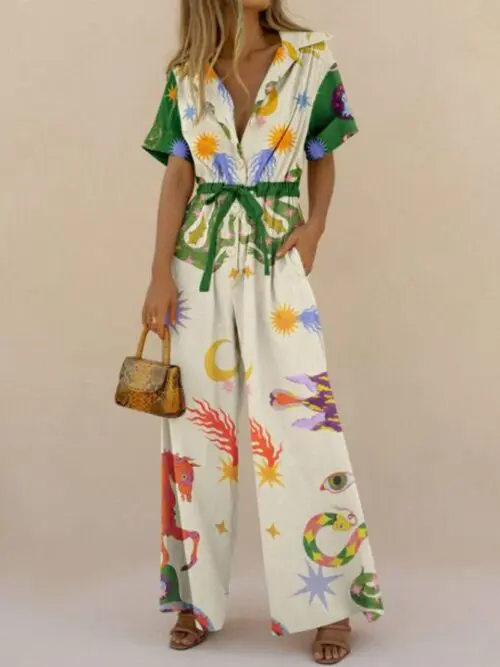Printed Cotton Trousers Jumpsuit – High Waist Casual Pants