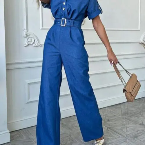 Versatile Casual V-Neck Short-Sleeved Straight Jumpsuit