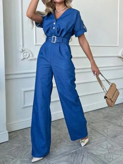 Versatile Casual V-Neck Short-Sleeved Straight Jumpsuit