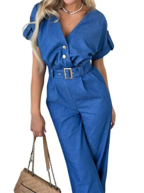 Versatile Casual V-Neck Short-Sleeved Straight Jumpsuit