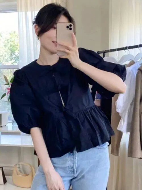 Tie Puff Sleeve Waist Shirt blouse