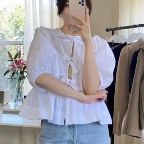 Tie Puff Sleeve Waist Shirt blouse