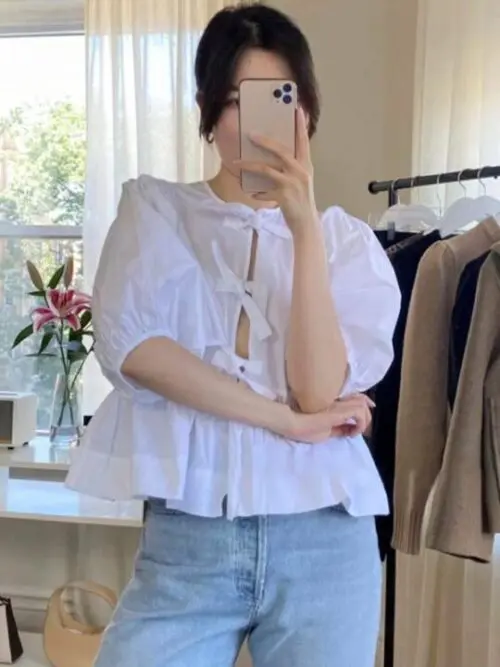 Tie Puff Sleeve Waist Shirt blouse