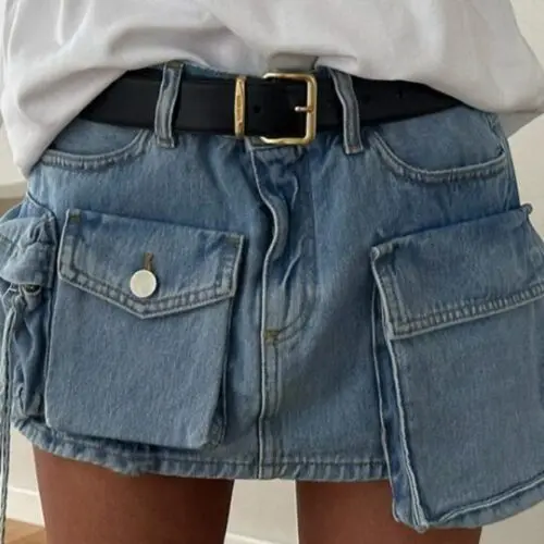 Women’s Irregular Big Pocket High Waist Zipper Denim Skirt