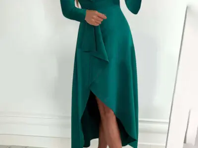 Graceful Long Sleeve V-Neck Dress with Gathered Hem and Slit