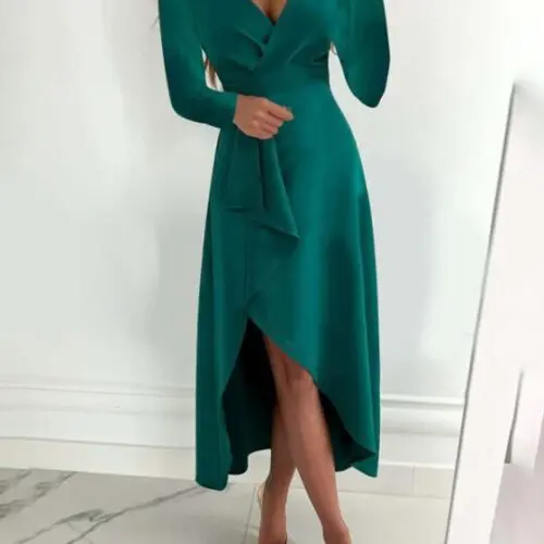 Graceful Long Sleeve V-Neck Dress with Gathered Hem and Slit