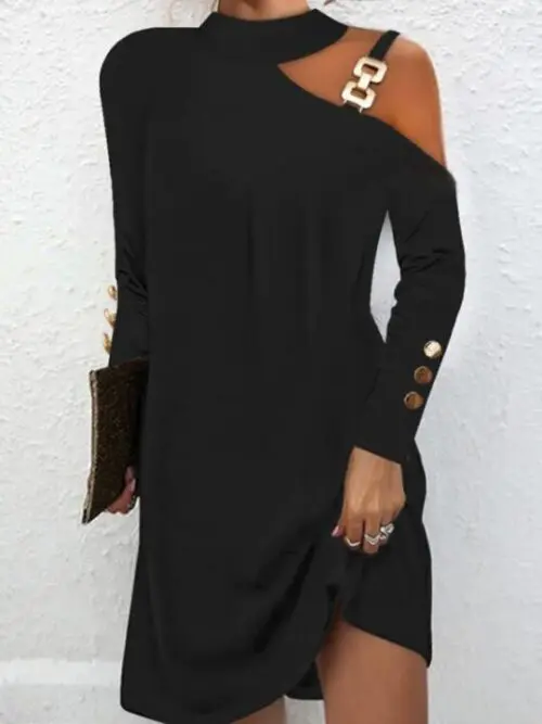 Chic Metal Buckle Halter Button Dress