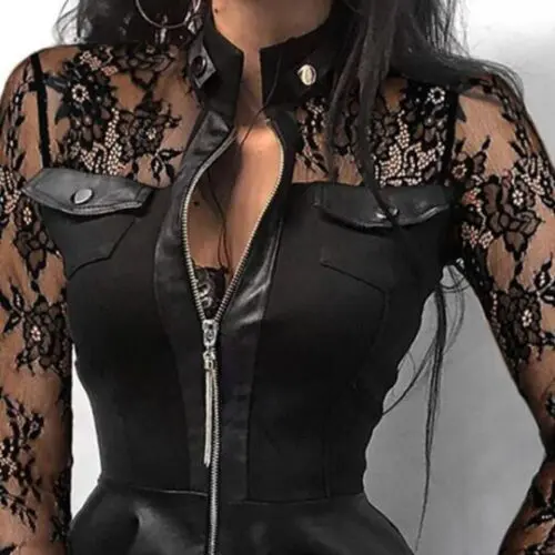 Long Sleeve V-Neck Dress with Zipper and PU Pocket