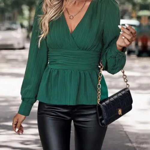 Solid Color V-Neck Long-Sleeved Waist Shirt