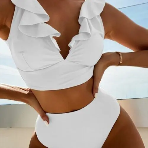 New V-Neck Ruffled High-Waist Split Swimsuit Bikini