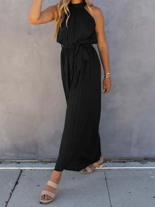 Pleated Off-Shoulder Halter Neck Women’s Jumpsuit