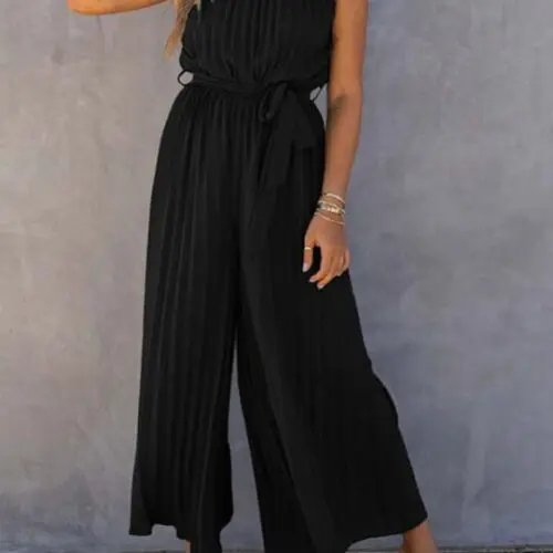 Pleated Off-Shoulder Halter Neck Women’s Jumpsuit