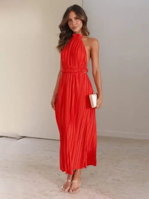 Chic Off-Shoulder Halterneck Strappy Backless Maxi Dress