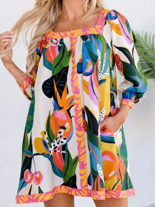 New fresh and sweet printed long skirt three-quarter sleeve A-line skirt