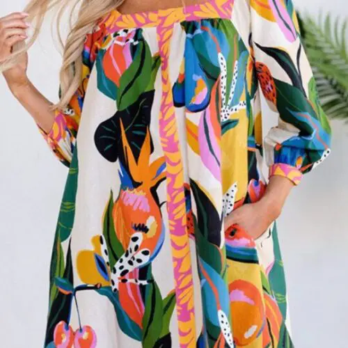 New fresh and sweet printed long skirt three-quarter sleeve A-line skirt