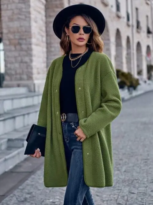 Round Neck Single-Breasted Long Sleeve Coat