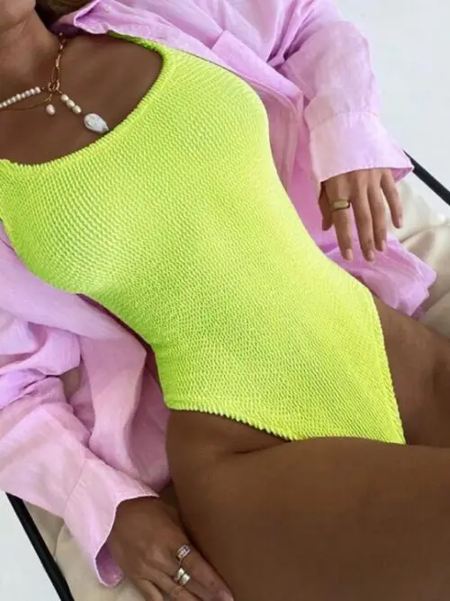 Candy Color Fluorescent One-Piece Swimsuit with Pleated Fabric for Women