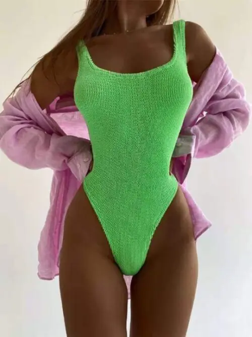 Candy Color Fluorescent One-Piece Swimsuit with Pleated Fabric for Women