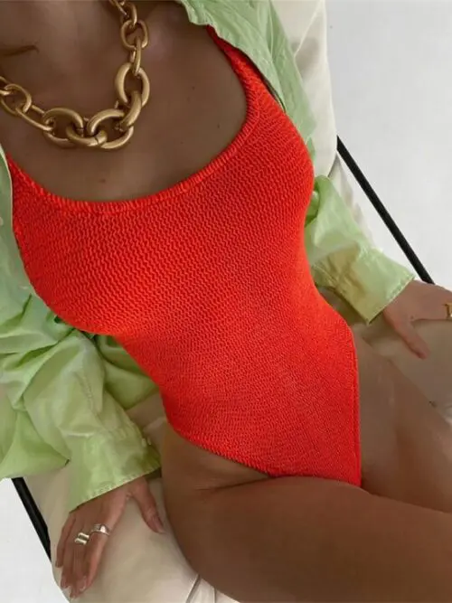 Candy Color Fluorescent One-Piece Swimsuit with Pleated Fabric for Women