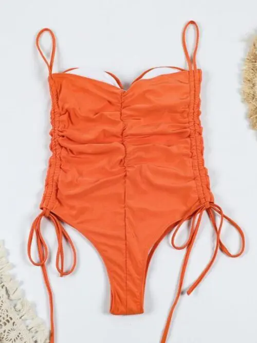 Solid Color Pleated Sexy Drawstring One-Piece Swimsuit with Suspender