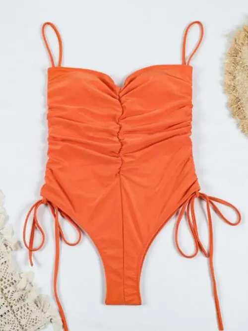 Solid Color Pleated Sexy Drawstring One-Piece Swimsuit with Suspender