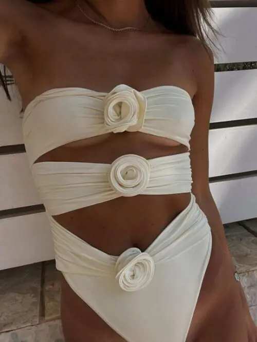 New Solid Color Sexy Three-Dimensional Flower One-Piece Swimsuit