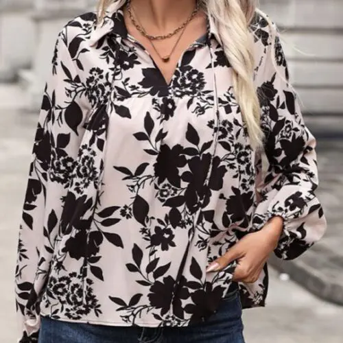 V-Neck Lace-Up Printed Shirt