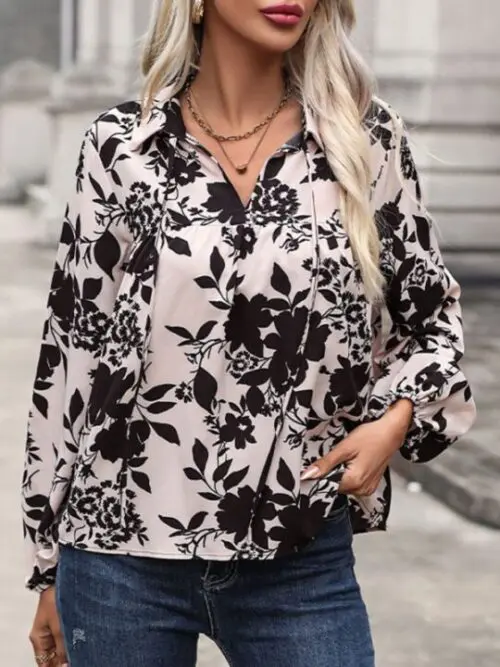 V-Neck Lace-Up Printed Shirt