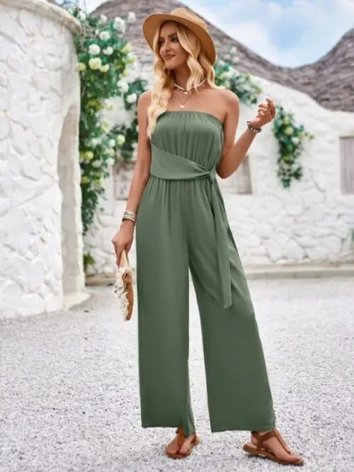 Solid Color Tube Top and Waist Slim Fit Jumpsuit