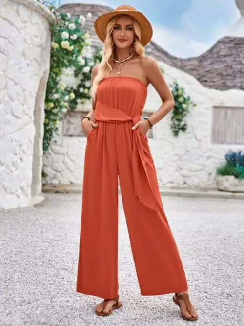 Solid Color Tube Top and Waist Slim Fit Jumpsuit