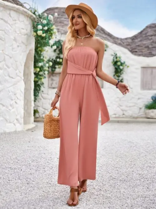 Solid Color Tube Top and Waist Slim Fit Jumpsuit