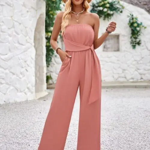 Solid Color Tube Top and Waist Slim Fit Jumpsuit