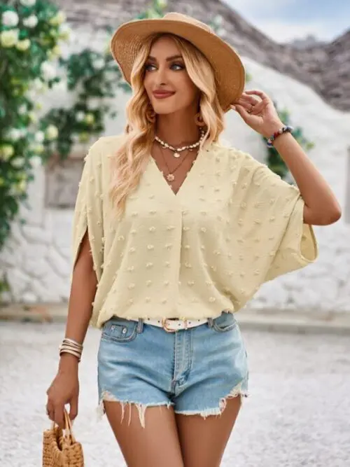 Ball Accent Loose V-Neck Top
