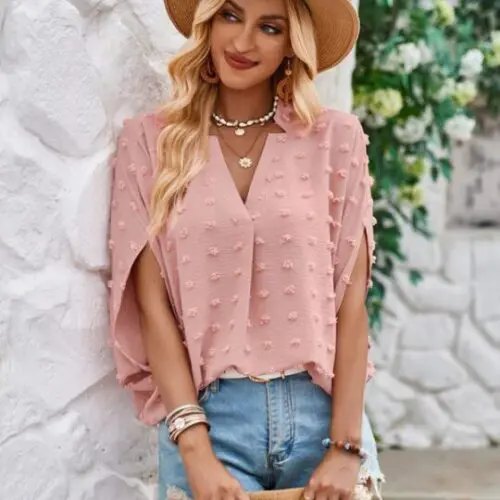 Ball Accent Loose V-Neck Top