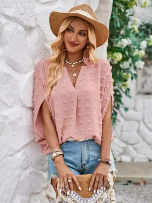 Ball Accent Loose V-Neck Top