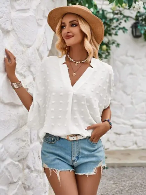 Ball Accent Loose V-Neck Top