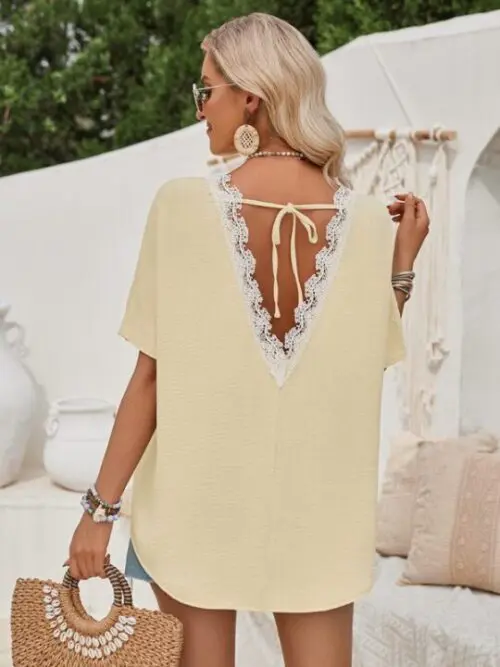 Loose Round Neck Short Sleeve Top with Lace Back