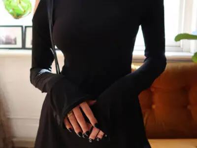Seductive Long-Sleeved Dress with Asymmetrical Shoulder and Lace-Up Detail