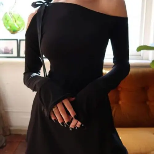 Seductive Long-Sleeved Dress with Asymmetrical Shoulder and Lace-Up Detail