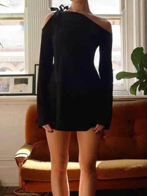 Seductive Long-Sleeved Dress with Asymmetrical Shoulder and Lace-Up Detail