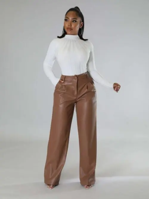 Faux Leather Wide-Leg Casual Pants with Pockets