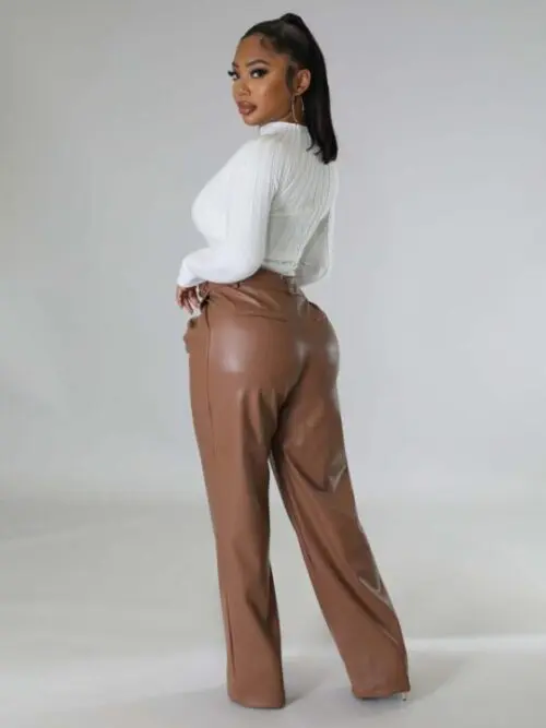 Faux Leather Wide-Leg Casual Pants with Pockets