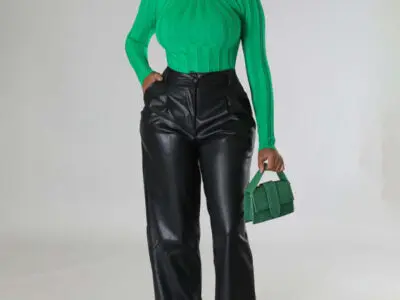 Faux Leather Wide-Leg Casual Pants with Pockets