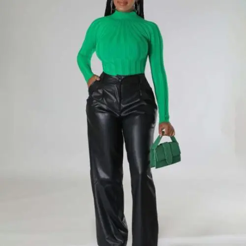Faux Leather Wide-Leg Casual Pants with Pockets