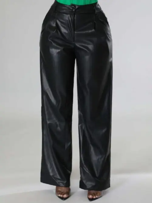 Faux Leather Wide-Leg Casual Pants with Pockets
